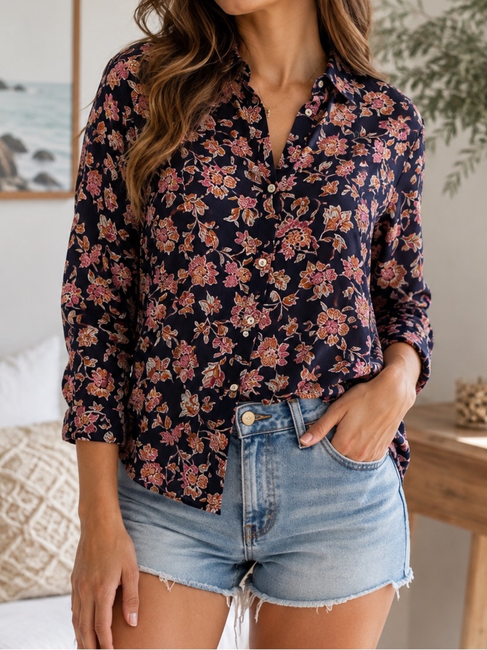 GAP Navy Button-Down Floral Shirt with Pink Accents